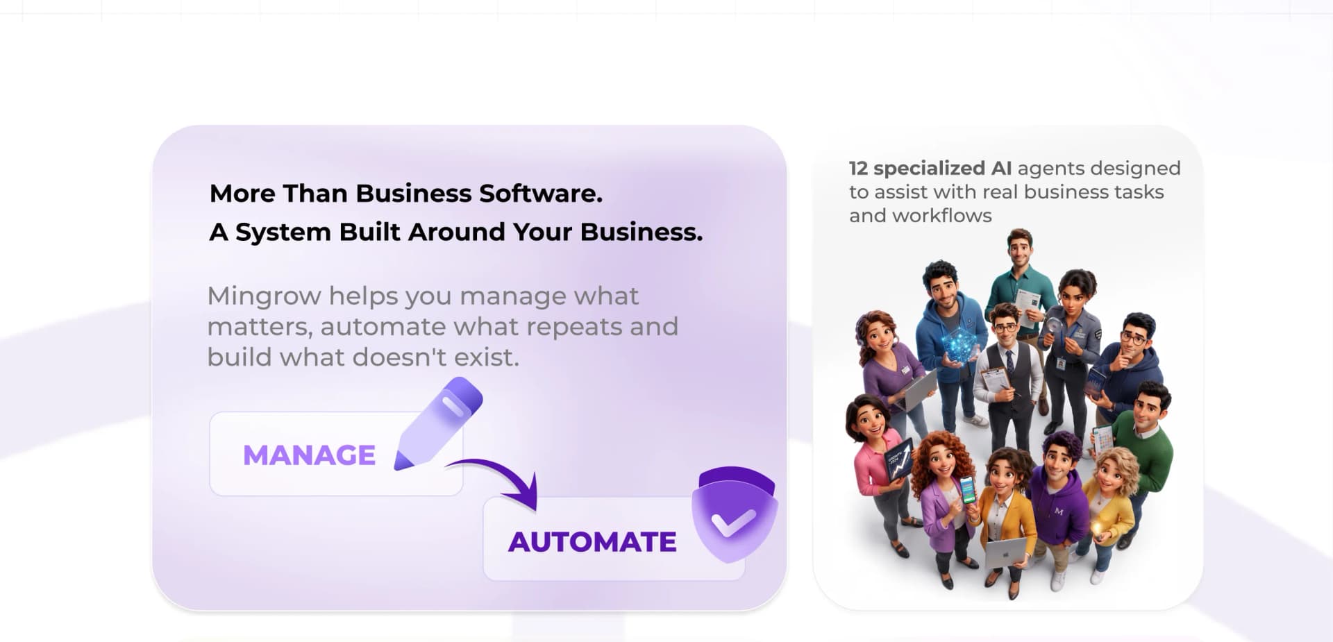 More than business software: manage and automate your business, with 12 specialized AI agents shown alongside.