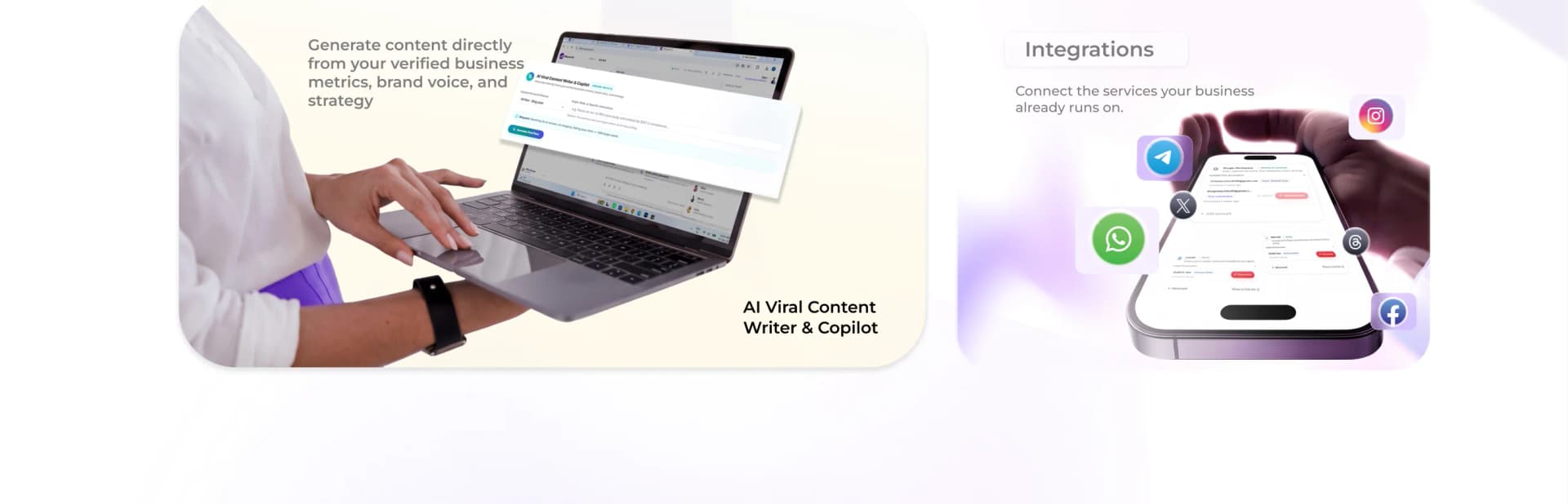 AI Viral Content Writer and Copilot beside the Mingrow integrations phone hub.
