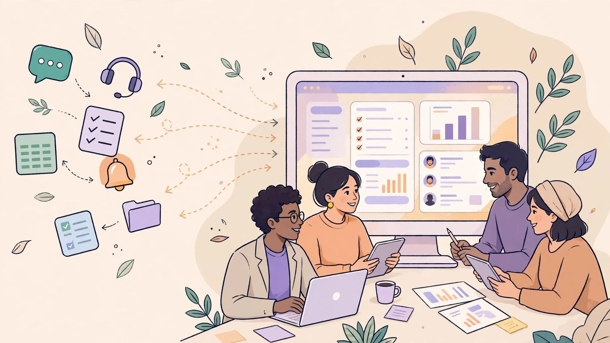 Scattered app icons on one side of a desk coming together into a single organized dashboard on the other side