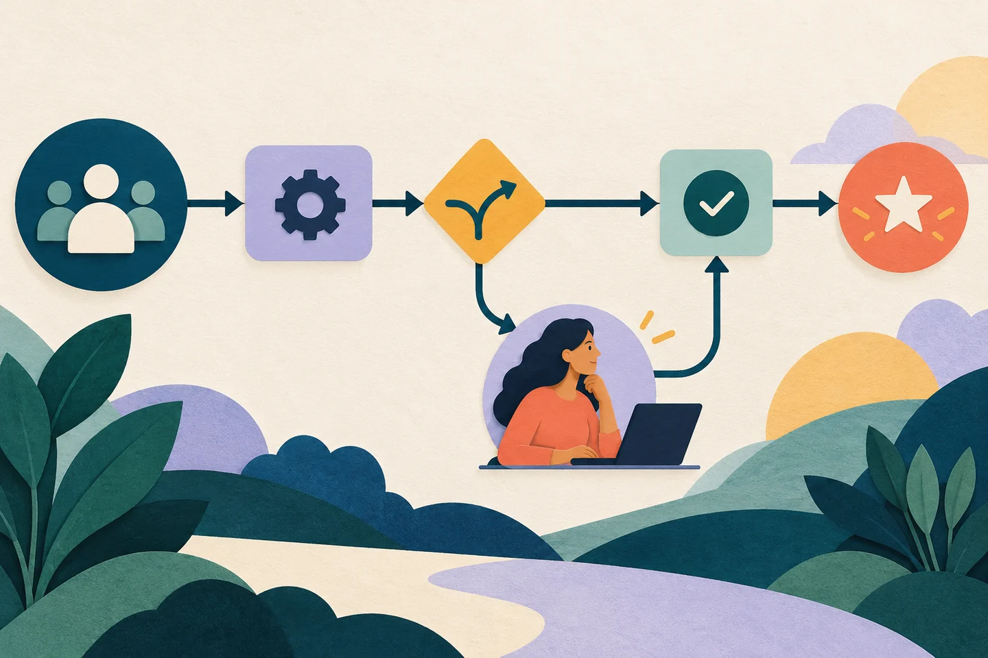 An automation route handles routine steps and sends an exception to a teammate for review