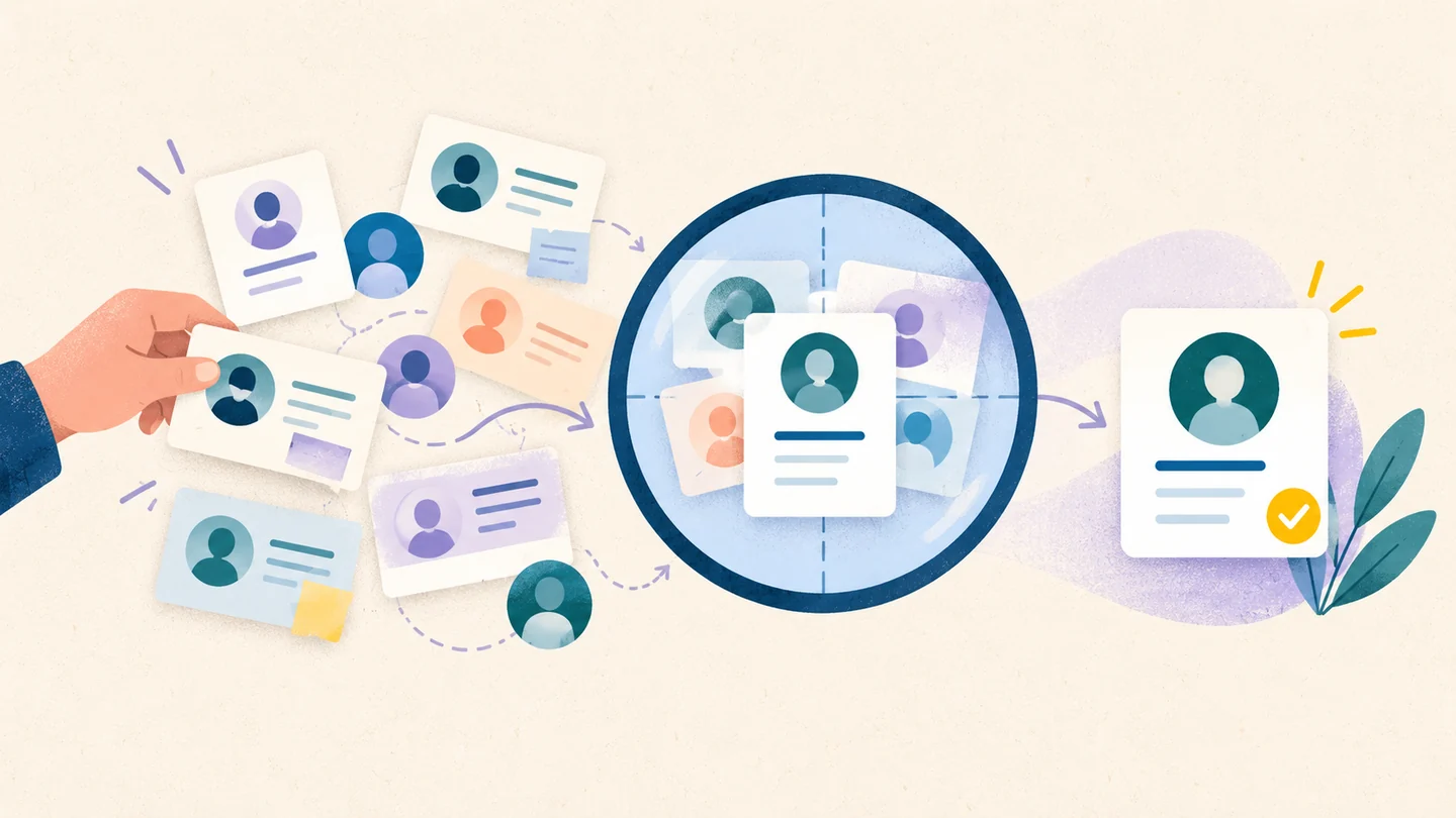 Duplicate customer cards being reviewed and consolidated into one trusted profile