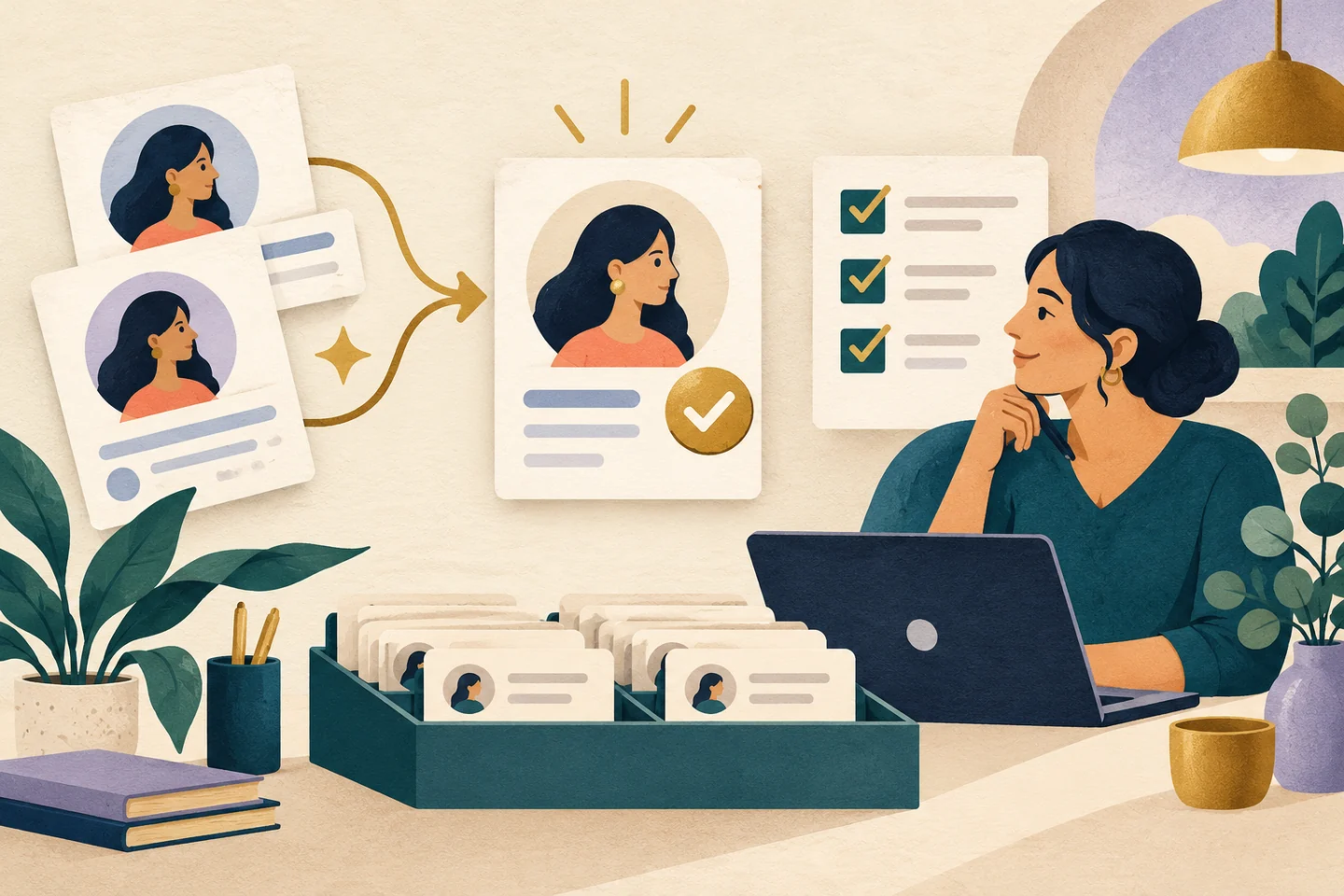 A teammate combines duplicate customer cards and reviews a short data quality checklist