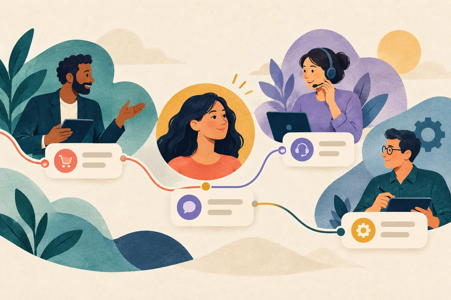 A shared customer profile connects sales, support, and operations activity on one timeline