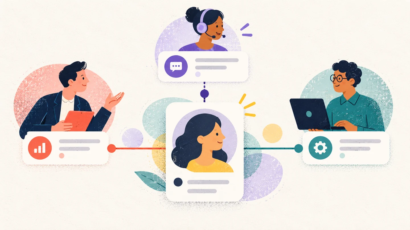 A customer profile beside a shared timeline of sales, support, and workflow updates