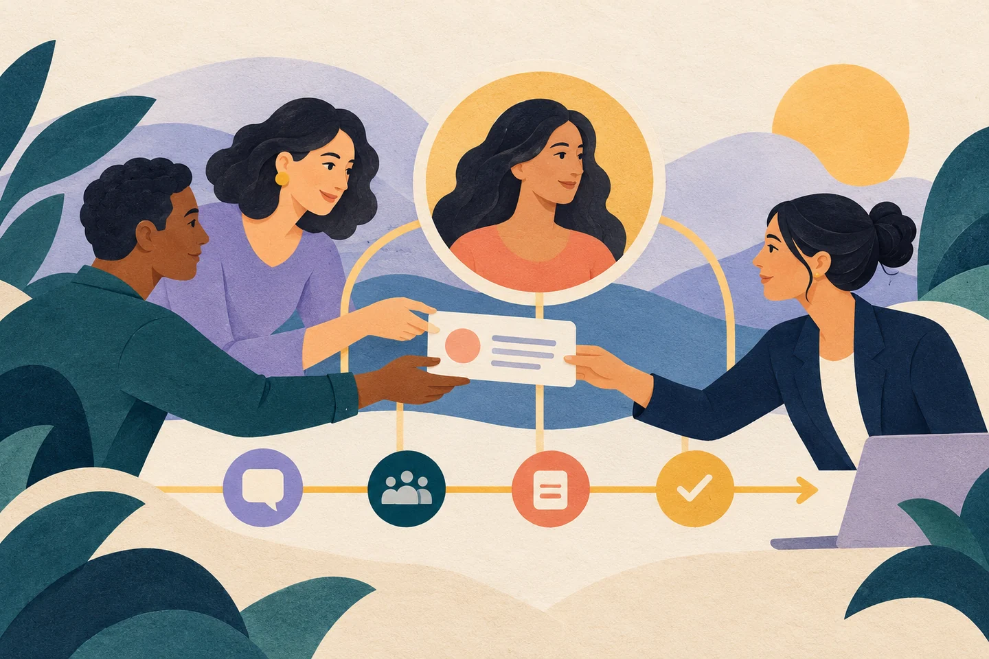 Three colleagues pass a shared customer context card along a continuous team timeline